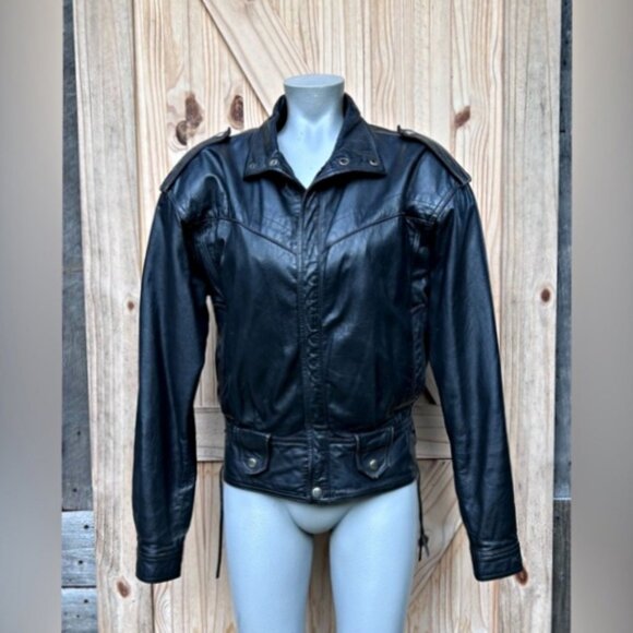 Vintage Retro 80s Chia Black Leather Moto Biker Motorcycle Jacket~S~ - Picture 1 of 10